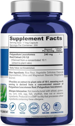 Miniatura 3 de NusaPure Extracto de Polypodium Leucotomos 2400mg 200 cápsulas vegetales (vegetariano, sin OMG, sin gluten)