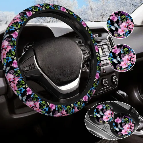 Miniatura 17 de Funda para volante de camuflaje verde para mujeres y hombres con 2 posavasos de automóvil, fundas universales de 14.5 a 15 pulgadas, accesorios