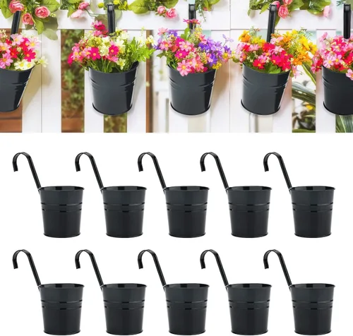 Miniatura 10 de KINGLAKE Macetas de flores, 10 macetas de metal para colgar en hierro, balcón, jardín, plantas, cestas para vallas, 4 pulgadas, soportes para flores