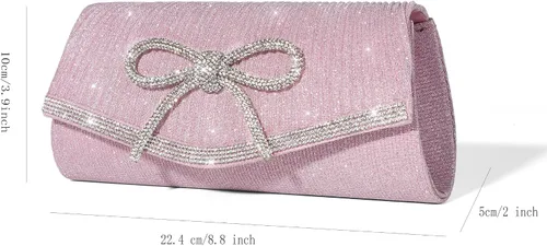 Miniatura 6 de Bolso de mano con lazo brillante para mujer con diamantes de imitación de purpurina para boda, fiesta, graduación, bolsa de noche elegante, caja