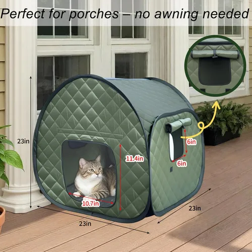 Miniatura 4 de Casa plegable para gatos callejeros para exteriores, 23.6 pulgadas, refugio aislado acolchado verde militar con mosca impermeable de camuflaje, 2