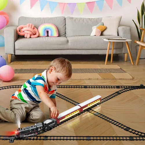Miniatura 5 de Hot Bee Juego de tren para niños, juegos de tren de aleación a control remoto con locomotora de vapor, autos y pistas iluminados, juego de trenes