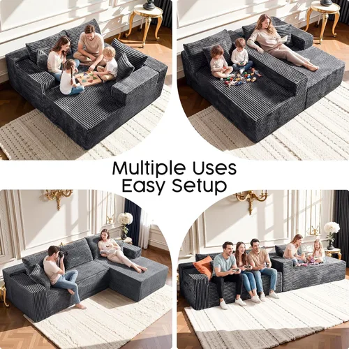 Miniatura 3 de Sofá modular gris con diván en forma de L de 108 pulgadas, sofá de pana de asiento profundo, tela de felpa similar a una nube, sofás para sala