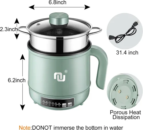 Miniatura 6 de Mini olla caliente inteligente con temporizador y apagado automático 1.2L antiadherente rápido cocina de fideos con cesta de vapor de acero
