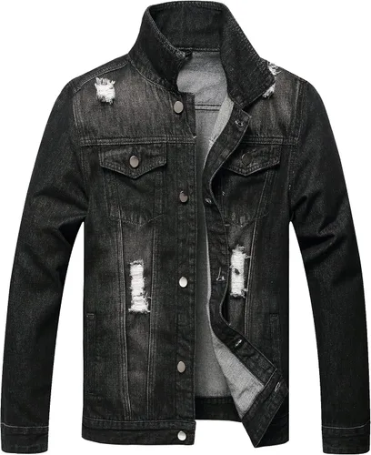 Miniatura 10 de LAMKUKU Chaqueta de mezclilla para hombre rasgada ajustada, abrigo de chaqueta vaquera para hombres