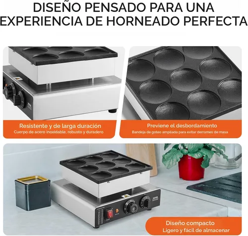 Miniatura 5 de VEVOR - Máquina para hacer panqueques holandeses, para 9 piezas, diám. 76 mm, máquina para hacer dorayaki, 850 W, eléctrica comercial
