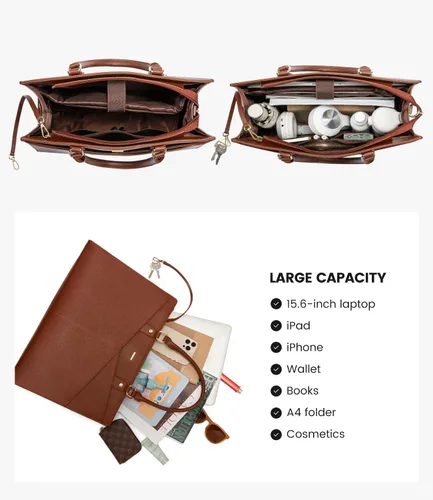 Miniatura 6 de LOVEVOOK Bolsa de mano para laptop para mujer, bolsa de trabajo de cuero para negocios, oficina, maletín para computadora con pequeño clutch, apto