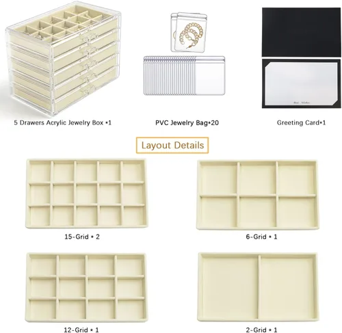Miniatura 3 de KAMIER Caja organizadora de aretes con 5 cajones, caja organizadora de joyas de acrílico transparente para mujeres, juego de 20 bolsas de joyería