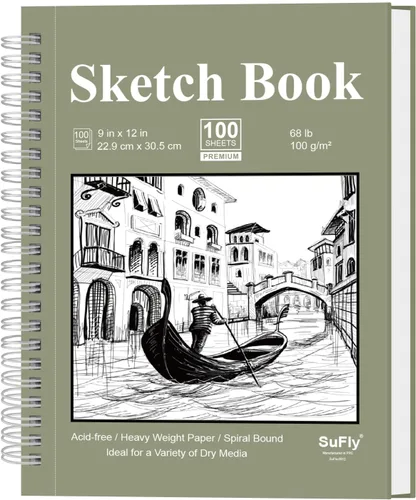 SuFly - Cuaderno de bocetos para dibujo, 9.0 x 12.0 in, 100 hojas (3.53 oz/m²), encuadernado en espiral, sin ácido, con tapa dura para lápiz de Verde