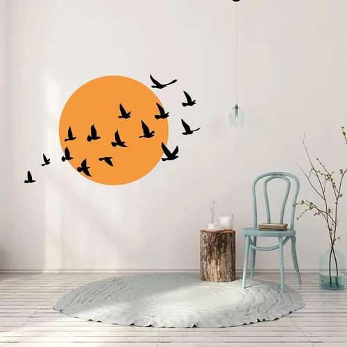 Miniatura 4 de Calcomanía de pared de pájaros y sol, círculos grandes con pájaros, arte de pared minimalista, calcomanías de pared modernas para sala de estar