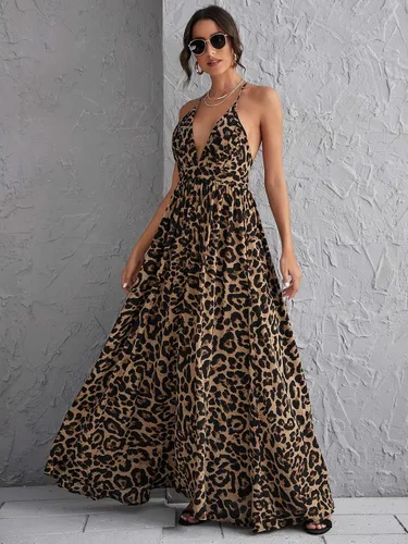 Miniatura 4 de Floerns Vestido largo de playa con cuello en V profundo y espalda cruzada de leopardo para mujer