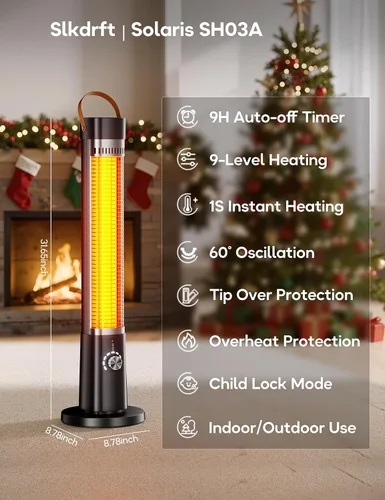 Miniatura 9 de Calentador al aire libre para patio, 32" Calentadores eléctricos por infrarrojos para interiores con control remoto, 1500W, oscilación de 60°