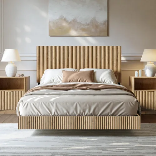 Evermagin Base de cama flotante de tamaño matrimonial con cabecero, cama de plataforma acanalada bohemia con luces LED, marco de cama flotante