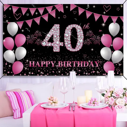Miniatura 5 de Cartel de fondo de 40 cumpleaños rosa intenso, decoraciones de feliz cumpleaños 40 para mujeres, fiesta de cumpleaños de 40 años, accesorios