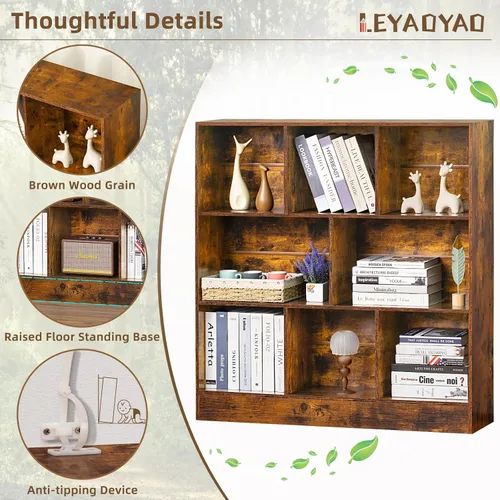 Miniatura 6 de LEYAOYAO - Estantería de 8 cubos con base, estantería de 3 niveles de estilo moderno de mediados de siglo, color marrón, estanterías amplias