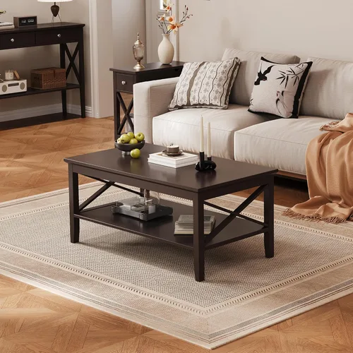 Miniatura 13 de Mesa de centro ChooChoo Oxford con patas más gruesas, mesa de centro de madera negra con almacenamiento para la sala de estar