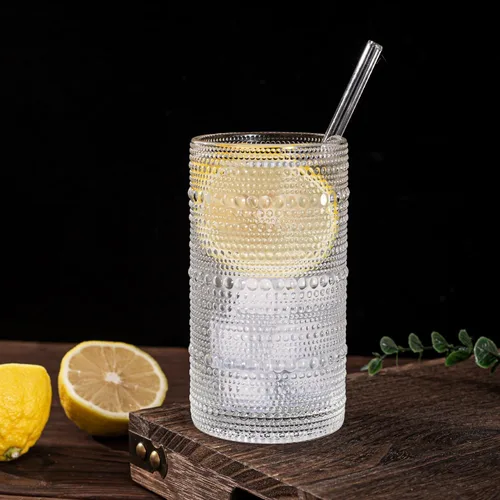 Miniatura 5 de Juego de 15 vasos de hobnail de 16 onzas / 16.2 fl oz vintage con pajitas, tazas gruesas en relieve para agua, café helado, jugo, cócteles, cocina