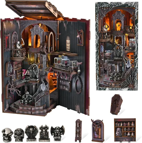 Miniatura 13 de CCCDF - Kit de manualidades para rincón de lectura de biblioteca, kit de casa de muñecas en miniatura, rompecabezas de madera 3D con luces LED