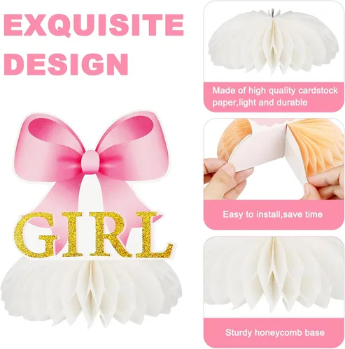 Miniatura 3 de 12 centros de mesa de nido de abeja con lazo rosa para baby shower, decoración de mesa en 3D para decoración de mesa en baby showers, revelaciones