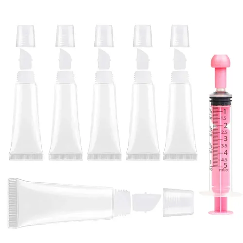 Miniatura 8 de 8 piezas de tubos vacíos para brillo labial - 0.3 fl oz tubos transparentes para bálsamo labial con jeringas de 0.2 fl oz - Tubos exprimibles