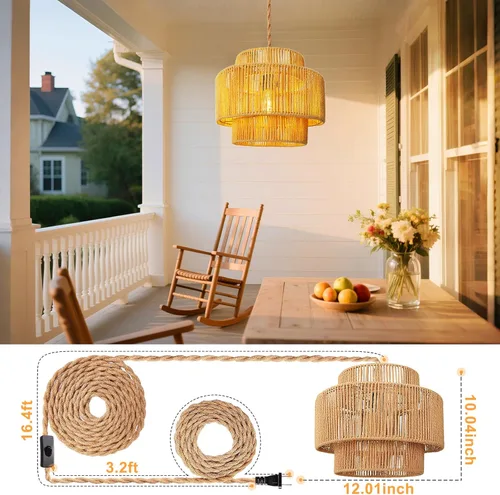 Miniatura 4 de Lámpara colgante de techo de ratán con cable de enchufe para sala de estar, dormitorio, cocina, interior, lámpara colgante enchufable con pantalla
