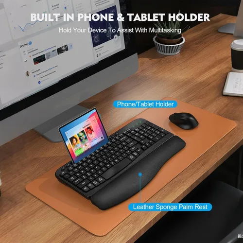 Miniatura 8 de Juego de teclado y mouse inalámbrico, teclas de onda de tamaño completo, teclado ergonómico con reposa muñecas acolchado, soporte para teléfono