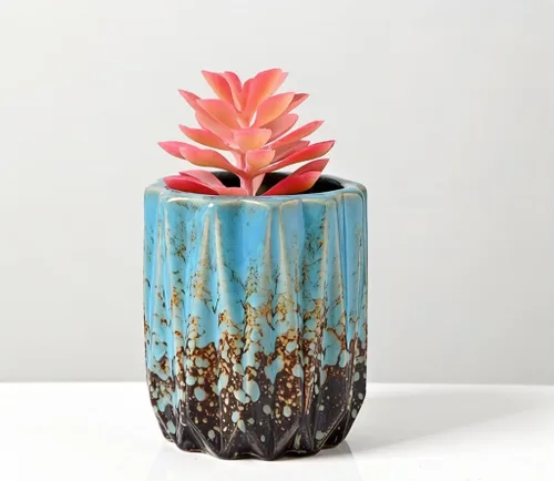 Miniatura 2 de Bonita maceta circular de cerámica para decoración del hogar y jardín, suculentas, cactus, maceta no incluida (azul, 3.19 pulgadas)
