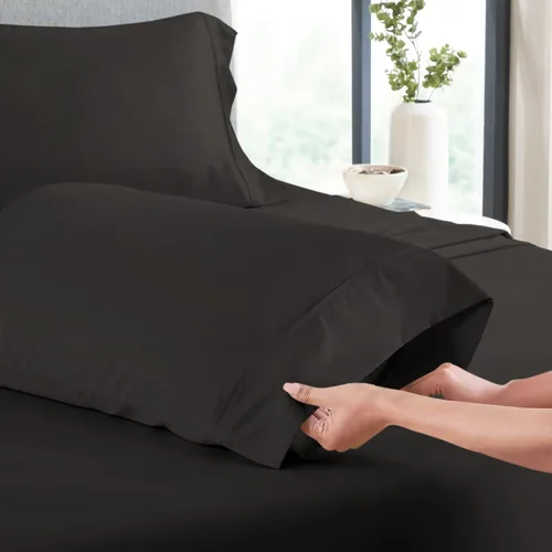 Miniatura 4 de Juego de sábanas de tamaño King, 4 piezas, sábanas negras King, sábanas de lino ultra suaves y transpirables para cama tamaño King, sábanas de cama