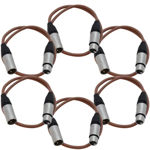 Seismic Audio SAXLX-2Brown-Paquete de 6 cables de conexión XLR de 2 pies marrones - Cables de micrófono - Cables XLR macho a hembra - 2 pies