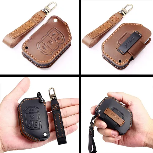 Miniatura 3 de ontto Funda de cuero para llavero de 2/3 botones con llavero compatible con Jeep Wrangler JL JLU Rubicon 2018-2021, color negro, Negro