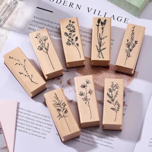 Miniatura 8 de 12 sellos de goma con almohadillas de tinta para manualidades, sellos de madera de flores y plantas con almohadillas de tinta para sellos, juego