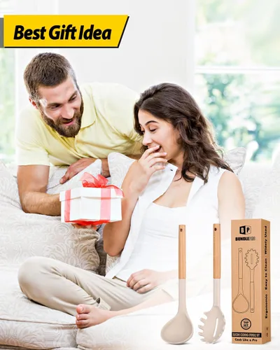Miniatura 7 de Juego de tenedor y cucharón de silicona para pasta con mango de madera, utensilios de cocina antiadherentes resistentes al calor para cocinar, Caqui