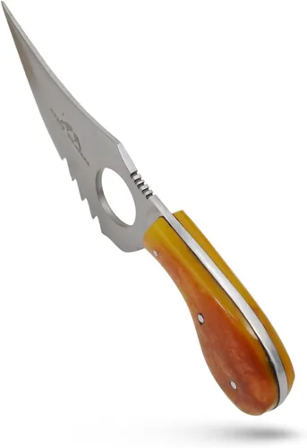 Miniatura 5 de Cuchillo desollador de hoja fija hecho a mano, 7.25 pulgadas en total, 4.25 pulgadas de acero inoxidable media hoja dentada, mango de resina, con bp