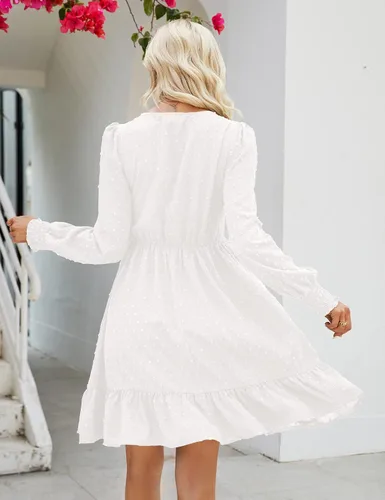 Miniatura 6 de Shermia Vestido de manga larga con cuello en V para mujer, vestidos fruncidos de gasa, mini vestido babydoll con bolsillos