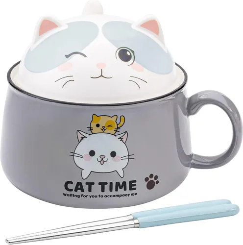 Miniatura 8 de Juego de cuencos para ramen con palillos, lindos cuencos de fideos instantáneos para ramen con diseño de gato lindo con tapa, cuencos de cerámica