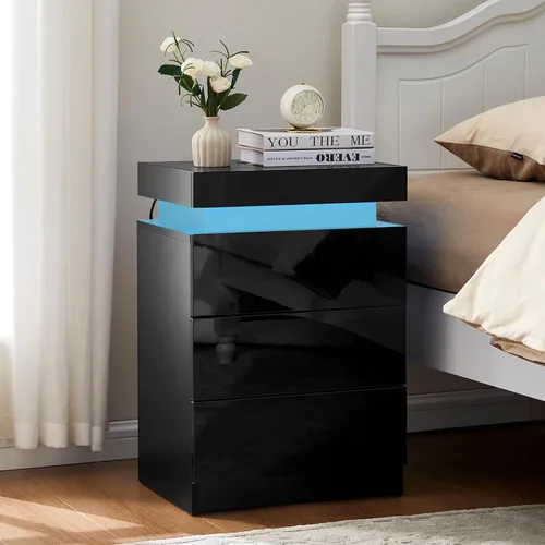 Miniatura 2 de TUKAILAi Mesita de noche con luz LED, moderna mesita de noche negra con tapa abatible, mesita de noche pequeña con 3 cajones de madera, mesa
