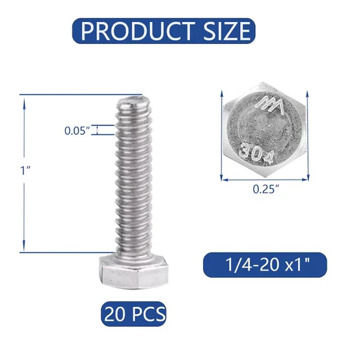 Miniatura 2 de Tornillo de cabeza hexagonal 1/4-20 x1 (20 unidades), tuercas de bloqueo, kits de arandelas planas y de bloqueo, acero inoxidable 304 18-8