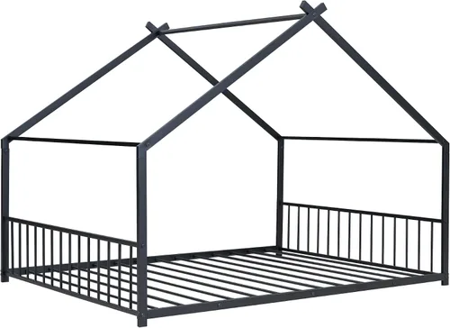 Miniatura 5 de P PURLOVE Marco de cama de tamaño matrimonial, marco de cama Montessori de metal para niños, marco de cama de casa para niños con techo, cabecero