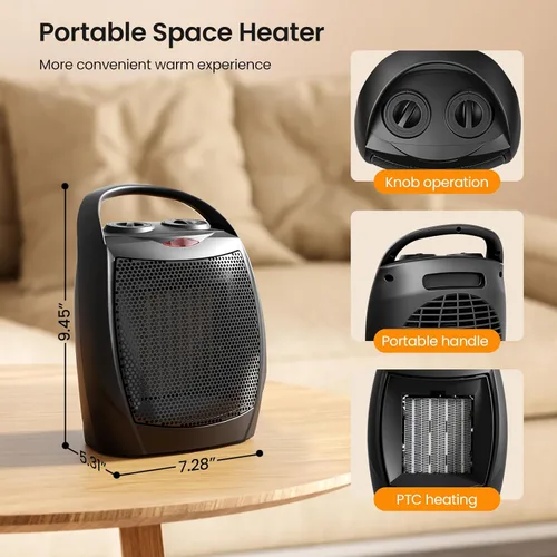 Miniatura 4 de Kismile Calentador de Espacio Eléctrico Pequeño Cerámico, Calentador Portátil con Ventilador para Oficina con Termostato Ajustable y Protección