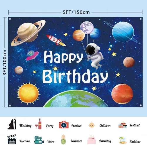 Miniatura 3 de Pancarta de fondo de feliz cumpleaños de planetas astronautas espaciales, suministros de decoración de fiesta de cumpleaños para niños, sistema