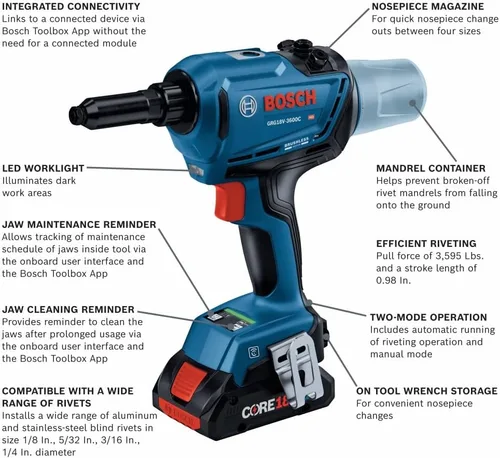 Miniatura 2 de Bosch GRG18V-3600CB24 Kit de herramientas de remache conectadas sin escobillas de 18 V con (2) baterías de alimentación avanzada CORE18V® de 4 Ah