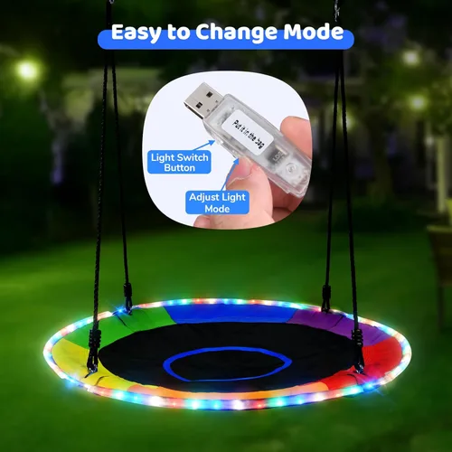 Miniatura 3 de Trekassy Columpio de árbol de platillo de 40 pulgadas para niños y adultos al aire libre con luces LED, 2 correas para colgar en el árbol, arcoíris