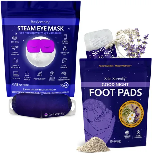 Lure Essentials Eye Serenity Steam Eye Mask y Sole Serenity Good Night Foot Pads Bundle – Compresión ocular cálida autocalentable con almohadillas