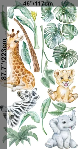 Miniatura 6 de Calcomanías de pared grandes con diseño de animales de safari, diseño de árboles tropicales con animales africanos