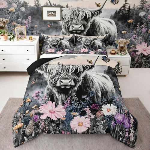 Miniatura 5 de Erosebridal - Juego de funda de edredón con flores de vaca de las Highlands, tamaño Queen, diseño de ganado vacuno, montañas con humo, decoración