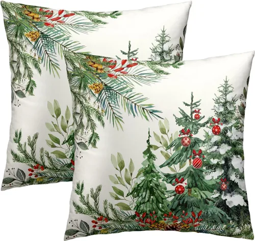 Miniatura 27 de Fundas de Almohada de Bosque de Pinos 22x22 Juego de 2, Fundas de Almohada Decorativas de Árboles de Abeto y Cedro Verde Nieve Beige de Invierno