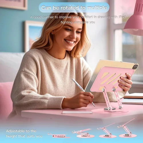 Miniatura 6 de Soporte giratorio de 360° para tablet – Rosa Doble eje giratorio ajustable, diseño plegable Se adapta a iPads y tabletas de hasta 13 pulgadas