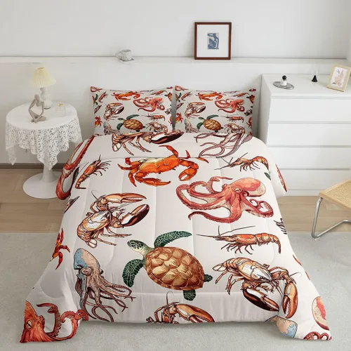 Miniatura 23 de Erosebridal Juego de edredón de tiburón, tamaño individual, juego de ropa de cama de vida oceánica para niños y niñas, color verde azulado