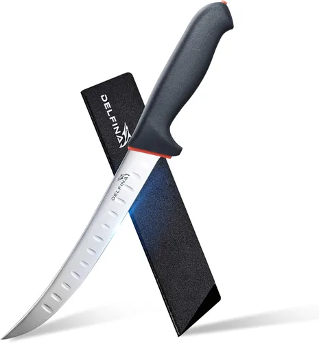 Cuchillo curvado de 8 pulgadas con funda y mango SoftGrip, cuchillo para cortar carne, acero japonés de alto carbono (8 pulgadas)