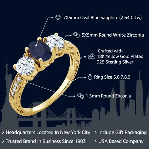 Miniatura 2 de Anillo de compromiso de 3 piedras preciosas con piedra natal para mujer en plata chapada en oro amarillo de 18 quilates, ovalado de 0.276 x 0.197
